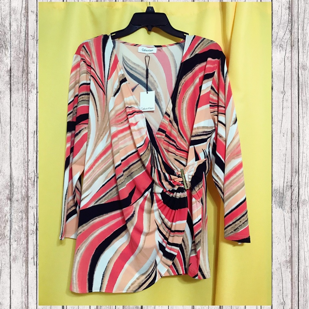 Calvin Klein New 3/4 Sleeve Top Coral-White-Black